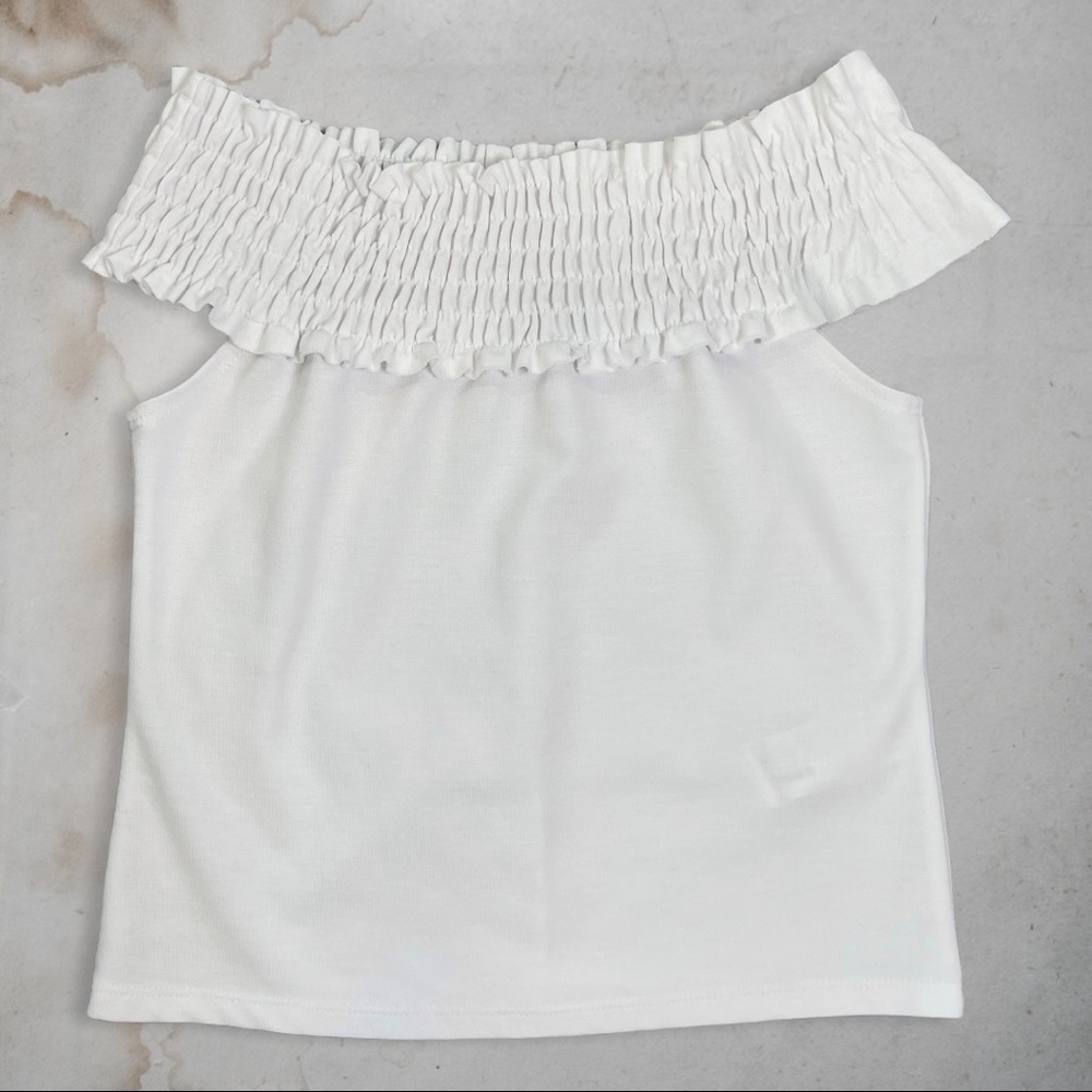 Zara Trafaluc White Smocked Off Shoulder Crop Top Blouse Small